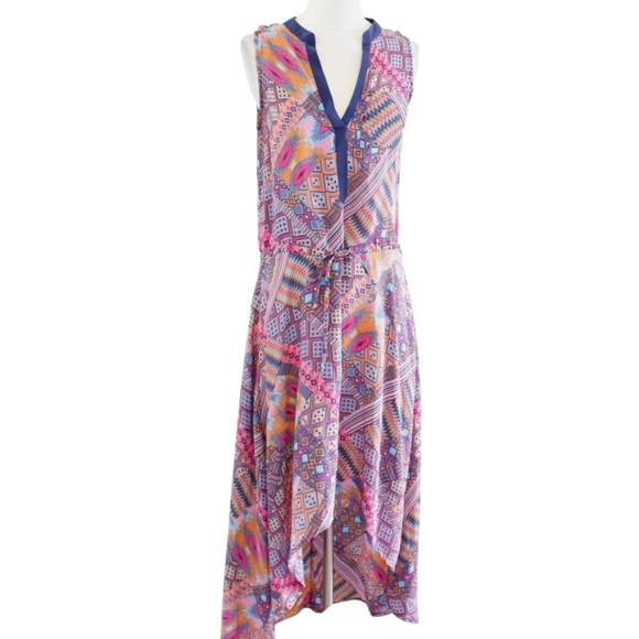 Tolani Silk Geometric Print Drawstring Waist Hi Lo Maxi Dress Pink Blue sz S - Picture 4 of 8